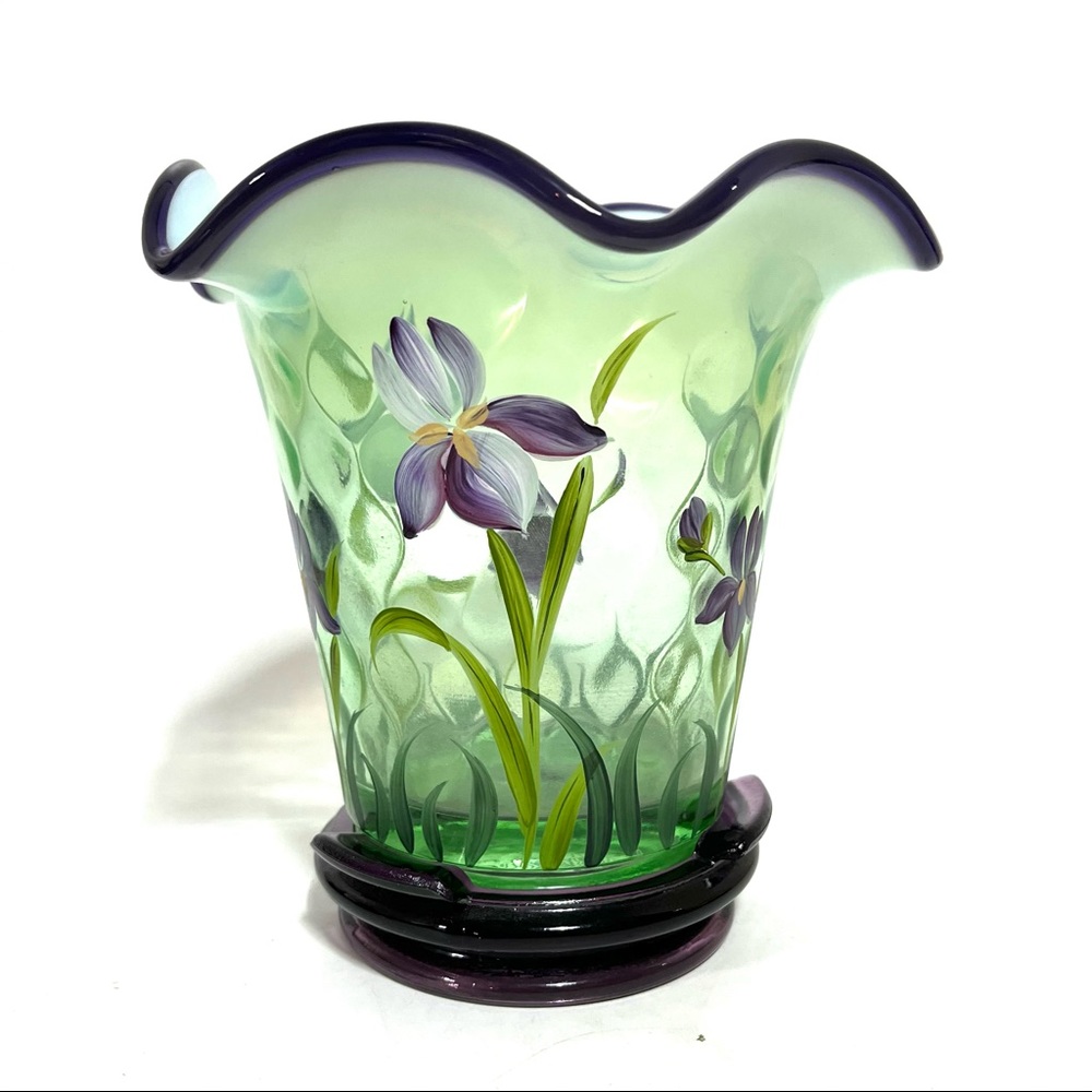 Fenton Desisgner Showcase Series Hand Painted Green Purple Vase Triple Signed - Picture 4 of 17